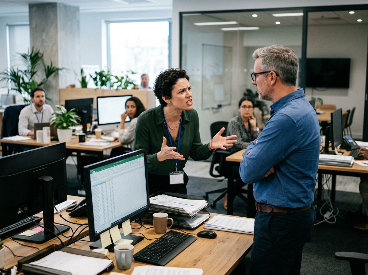 Two coworkers having a serious conversation in an open-plan office with others watching